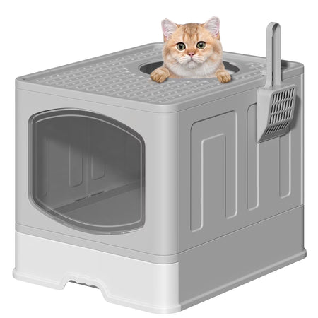 Large Foldable Cat Litter Box with Scoop, Front Entry Top Exit Cat Litter Pan with Lid, Enclosed Anti-Splashing Kitty Litter Box, Drawer Type Cat Litter Easy Cleaning and Scoop, Gray