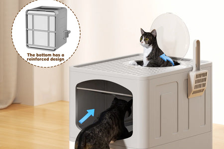 Large Foldable Cat Litter Box with Scoop, Front Entry Top Exit Cat Litter Pan with Lid, Enclosed Anti-Splashing Kitty Litter Box, Drawer Type Cat Litter Easy Cleaning and Scoop, Gray