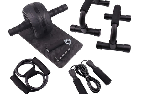 Abs Roller Wheel Indoor Fitness Equipment Set Home Gym Workout Chest Expander Black