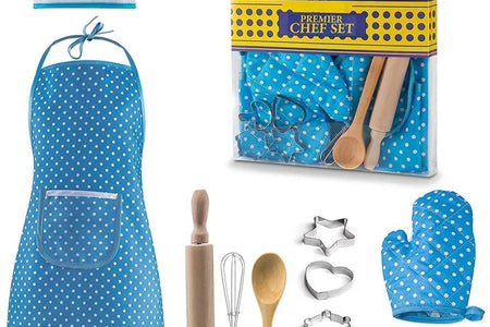 Kids Cooking Set, 11 Piece Chef Role Play Kit for Girls Ages 3-8, Includes Apron, Chef Hat, Oven Mitt, Utensils & Baking Tools, Pretend Play Kitchen Gift, Blue