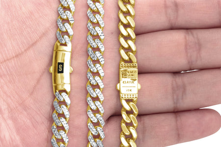 10K Real Yellow Gold Royal Monaco 7.5Mm Miami Cuban Diamond Cut Pave Link Necklace (18"-30") Two Tone Italian Jewelry for Men