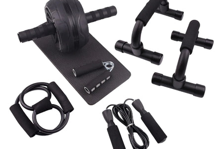 Abs Roller Wheel Indoor Fitness Equipment Set Home Gym Workout Chest Expander Black
