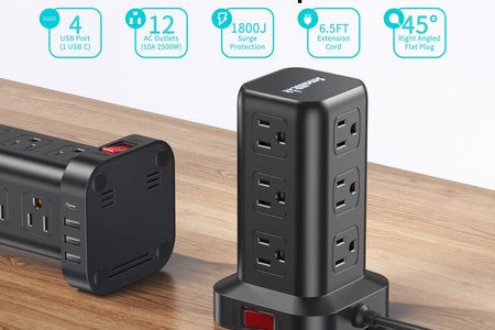 Power Strip Tower 12 Outlets with 4 USB Ports Surge Protector Electric Charging Station 6.5Ft Cord, Black