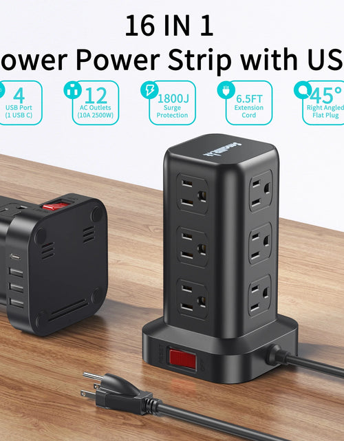Load image into Gallery viewer, Power Strip Tower 12 Outlets with 4 USB Ports Surge Protector Electric Charging Station 6.5Ft Cord, Black
