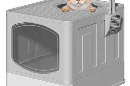 Large Foldable Cat Litter Box with Scoop, Front Entry Top Exit Cat Litter Pan with Lid, Enclosed Anti-Splashing Kitty Litter Box, Drawer Type Cat Litter Easy Cleaning and Scoop, Gray