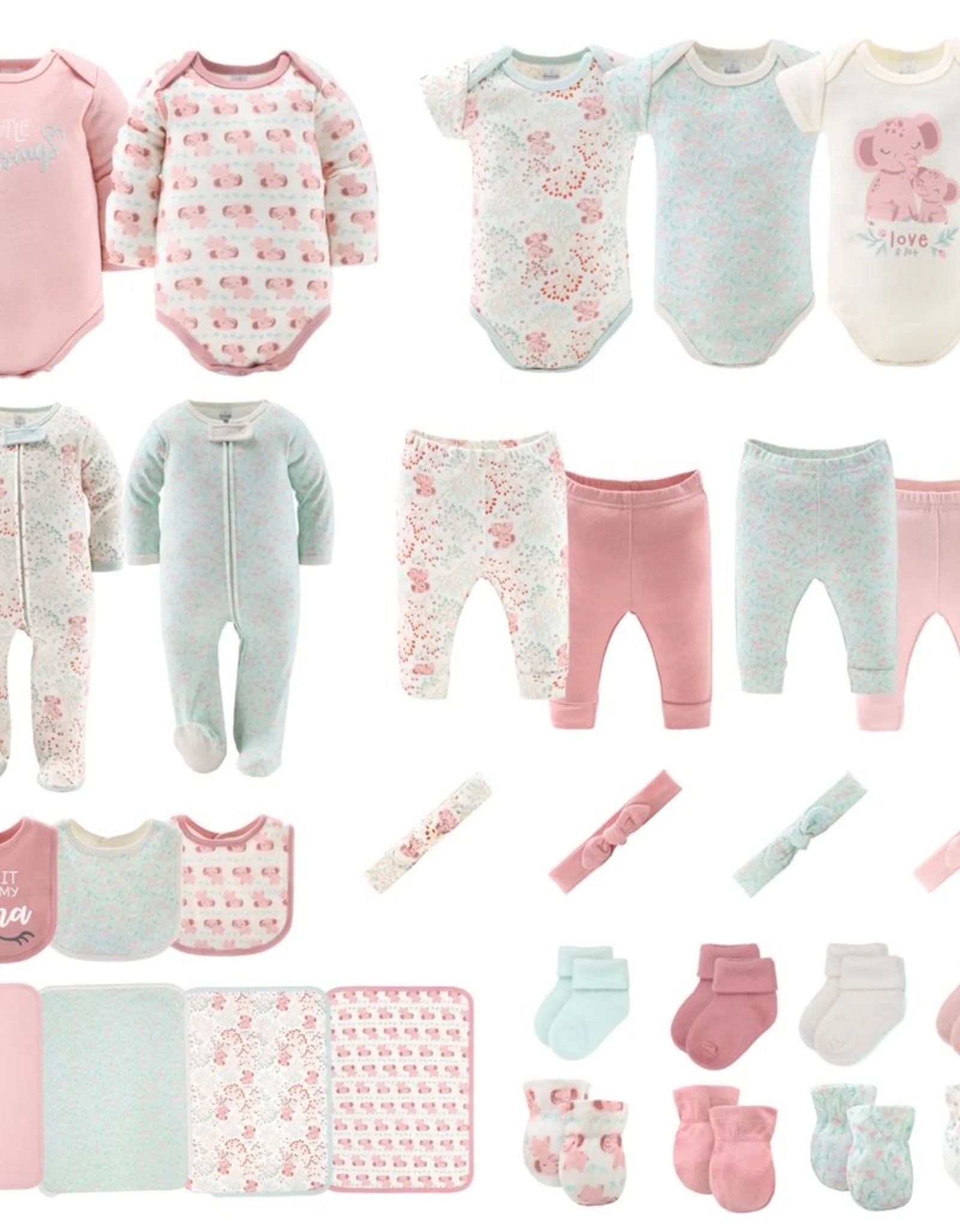 Newborn Layette Gift Set, Pink Floral Elephant, 30 Essential Pieces, 0-3 Months