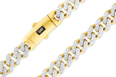10K Real Yellow Gold Royal Monaco 7.5Mm Miami Cuban Diamond Cut Pave Link Necklace (18"-30") Two Tone Italian Jewelry for Men
