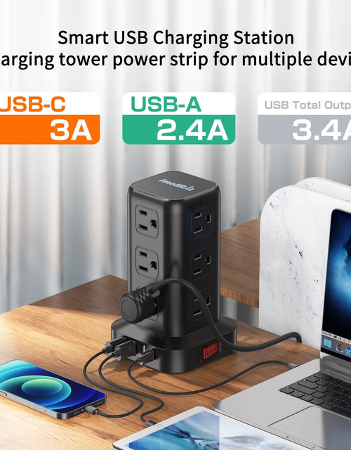 Load image into Gallery viewer, Power Strip Tower 12 Outlets with 4 USB Ports Surge Protector Electric Charging Station 6.5Ft Cord, Black
